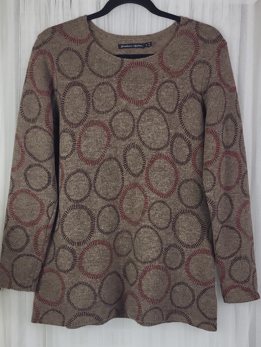 Gudrun Sjoden 100% wool Taupe Circle-Pattern Knit Sweater. Size S